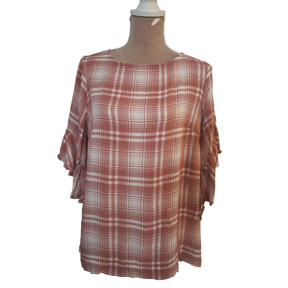Chaps Womens Large Plaid Ruffle Sleeve Blouse Terracotta Orange Viscose Top